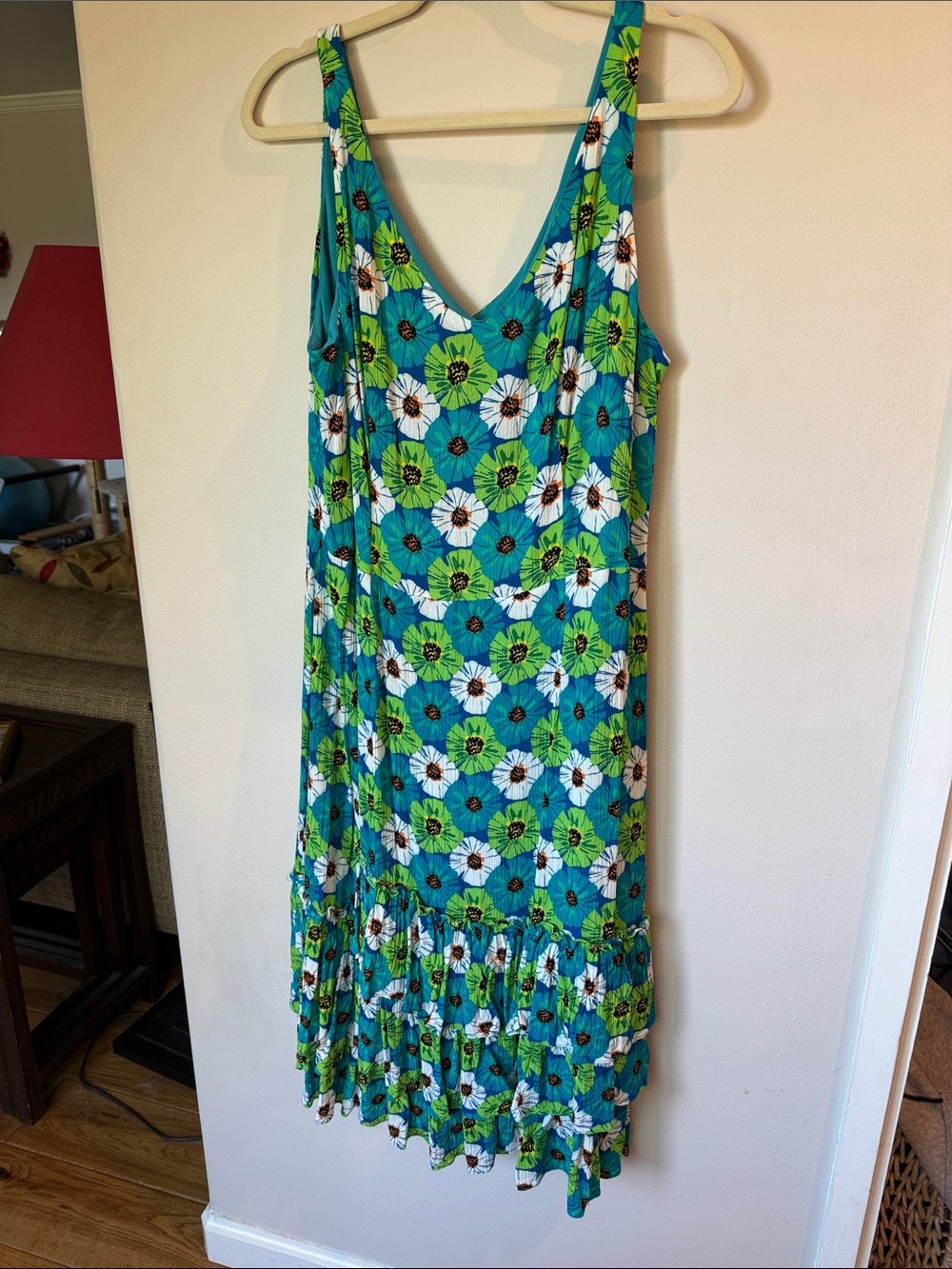 Pappagallo Teal and Green Floral V-Neck Sleeveless Dress